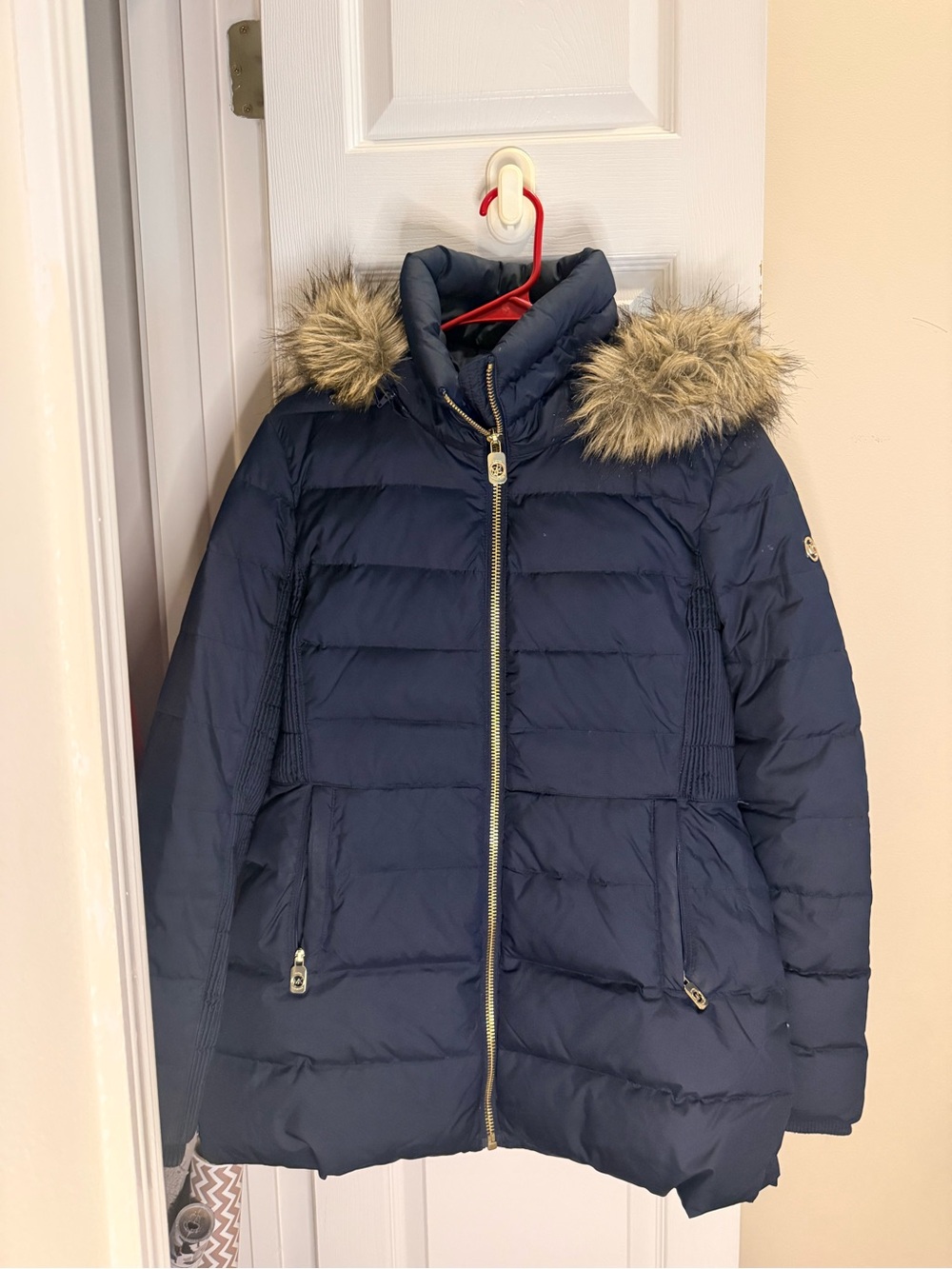 Michael Kors Navy Quilted Puffer Coat with Faux-Fur Trim